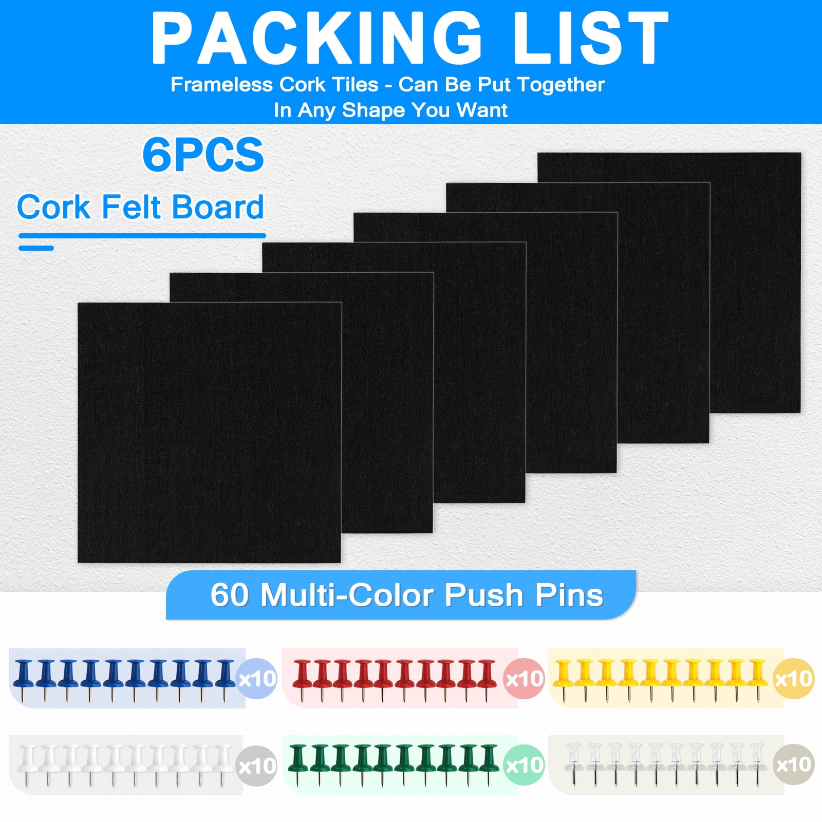 6 Packs Felt Cork Board Tiles 11.8x11.8 Inch, Black Poster Board Cork Bulletin Board Squares Acoustic Panels Soundproof Corkboards for Walls with 60 Pushpins for Home Office Kitchen, Black
