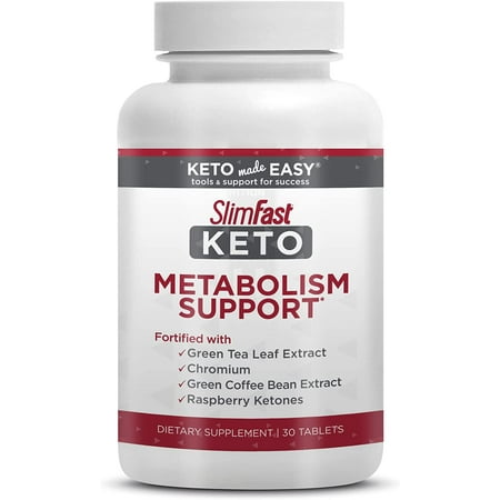 SlimFast Keto Metabolism Support Tablets, with Green Tea Leaf Extract, Chromium, Green Coffee Bean Extract and Raspberry Ketones- 30 Tablets (Pack of 1)