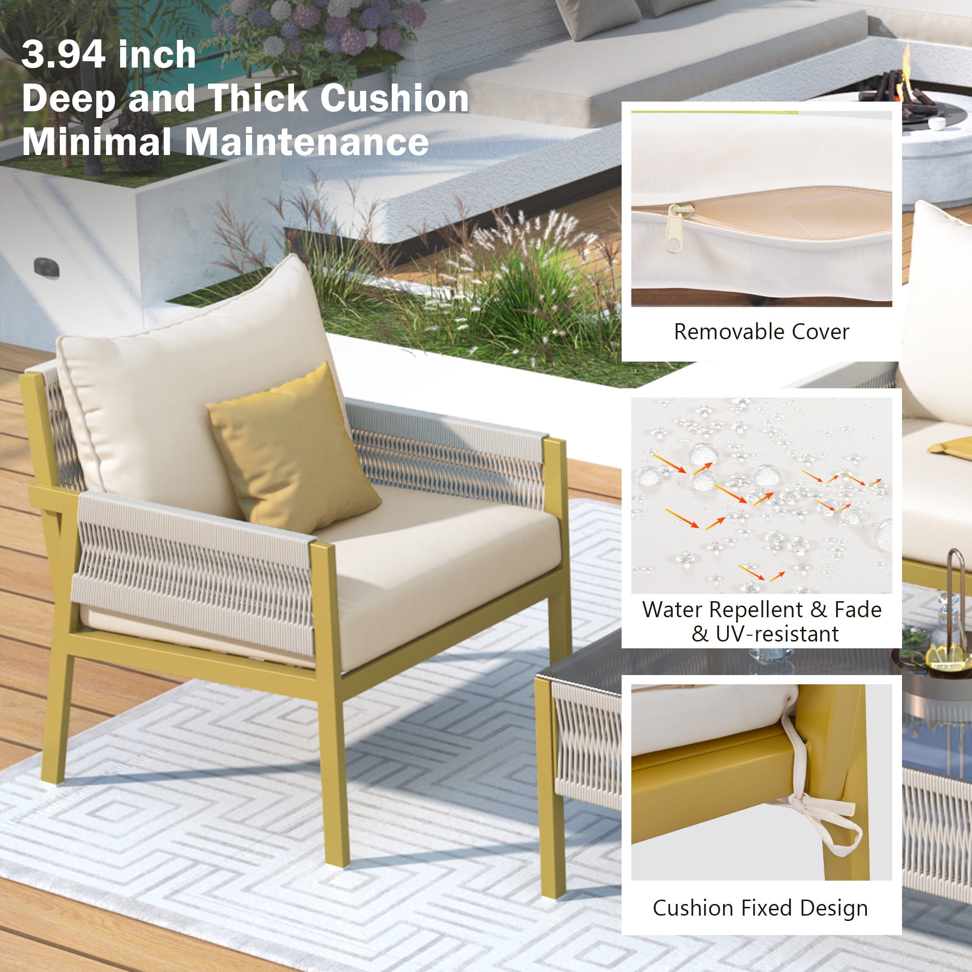 DEALTOPS 4-Piece Rope Patio Furniture Set, Outdoor Furniture with Tempered Glass Table, Patio Conversation Set Deep Seating with Thick Cushion for Backyard Porch Balcony-Beige&Mustard Yellow
