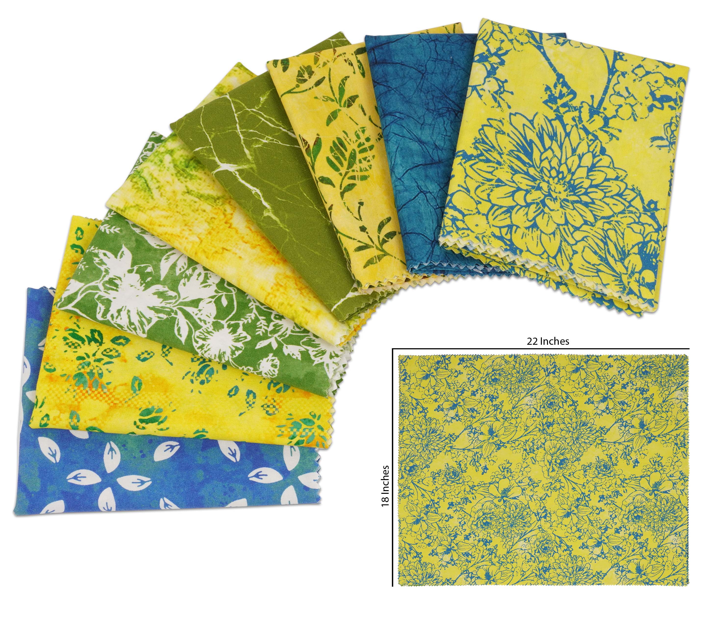 Soimoi 8 Pc Fat Quarter Bundle,BatikPrint 18"x 22"DIY Patchwork-100% CottonPre-Cut Quilting Fabric Green, Blue & Yellow