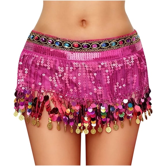 Felirenzacia Belly Dance Hip Scarf Chiffon Skirt Wrap Professional Hip Scarf Skirt Costume with Coins for Yoga Belly Dancing, Hot Pink,Free Size