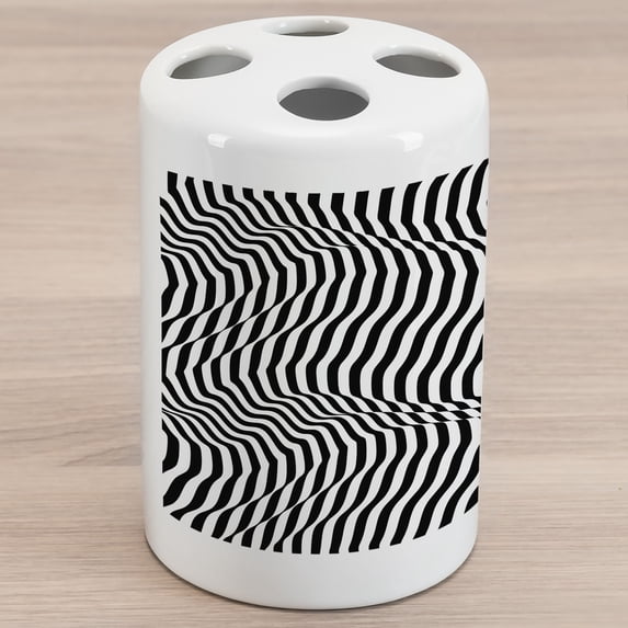 Abstract Surreal Ceramic Toothbrush Holder, Optical Illusion Monochrome Stripes Modern Perspective Art, Decorative Versatile Countertop for Bathroom, 4.5" X 2.7", Charcoal Grey White