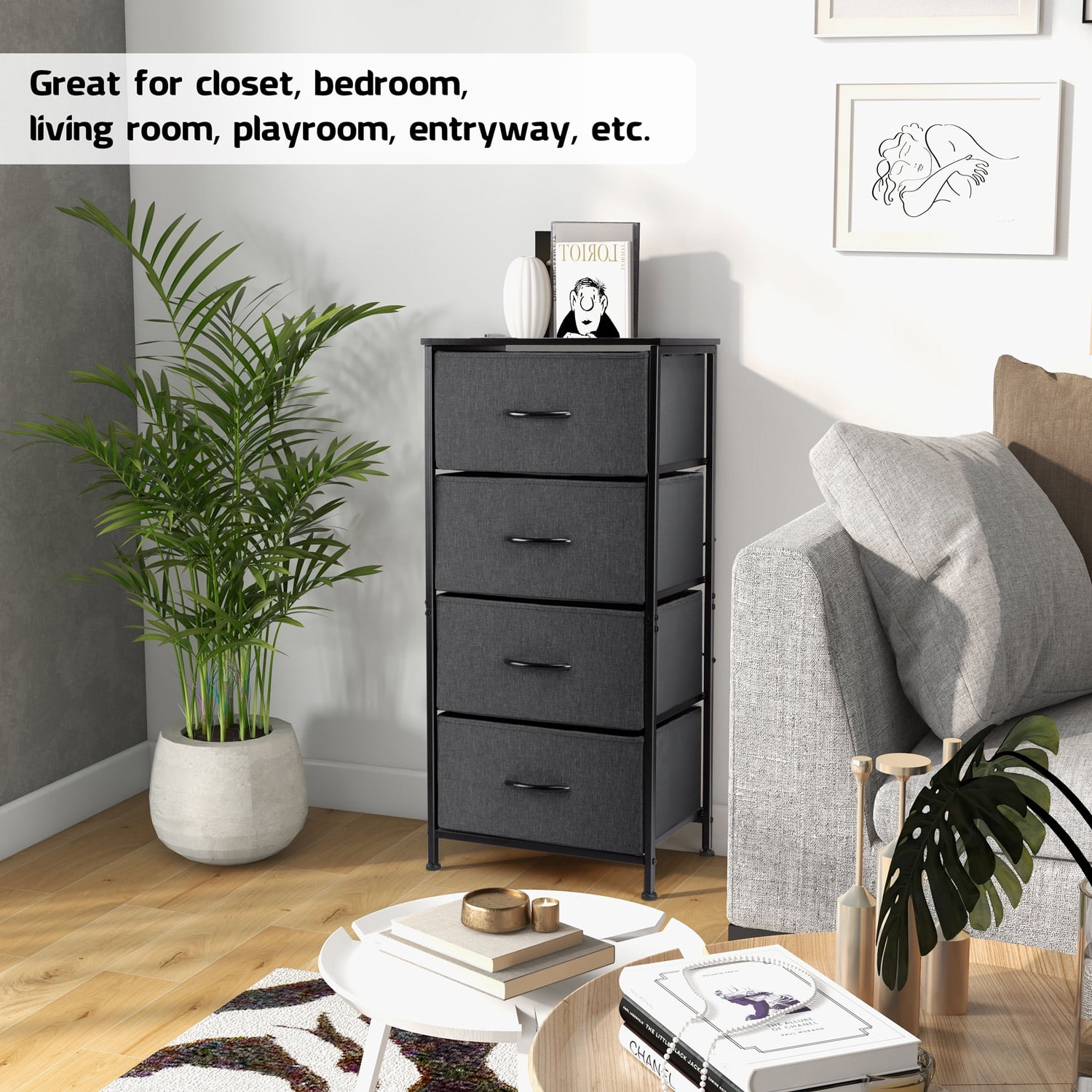 4 Drawers Dresser for Bedroom, Vesteel Fabric Chest of Drawers Tall Storage Tower with Wood Top and Sturdy Steel Frame, Storage Organizer Unit for Closet, Living Room, Hallway - Black