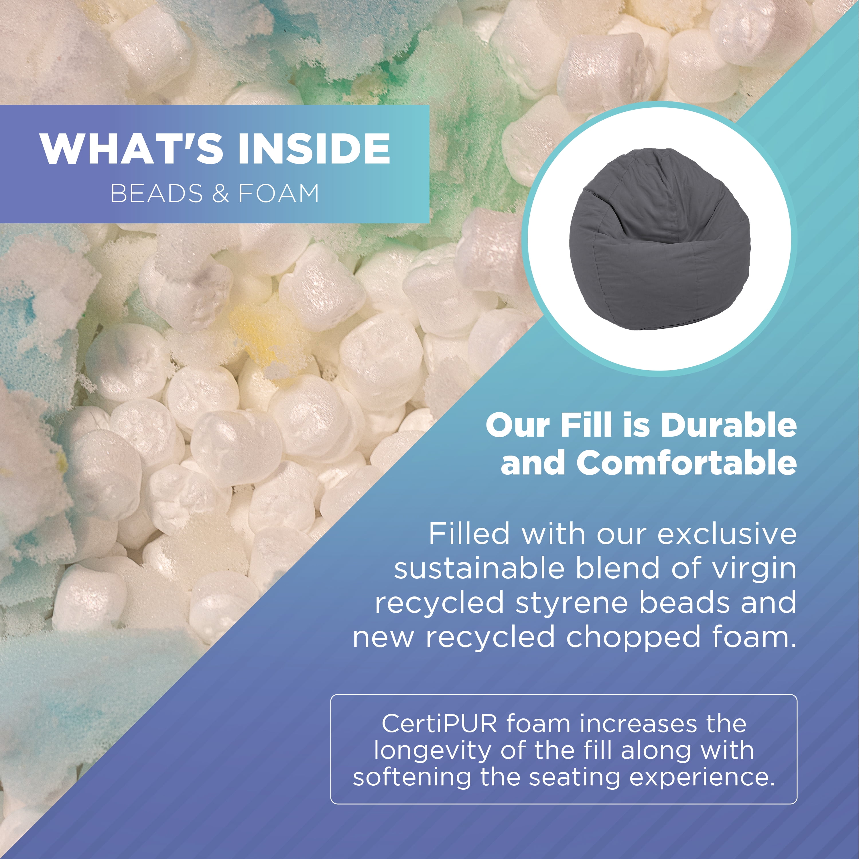 Cotton 31x33x20" Small Bean Bag Chair - w/Polystyrene Beads and CertiPUR Foam Filled Bean Bag for Teens and Kids - Aqua
