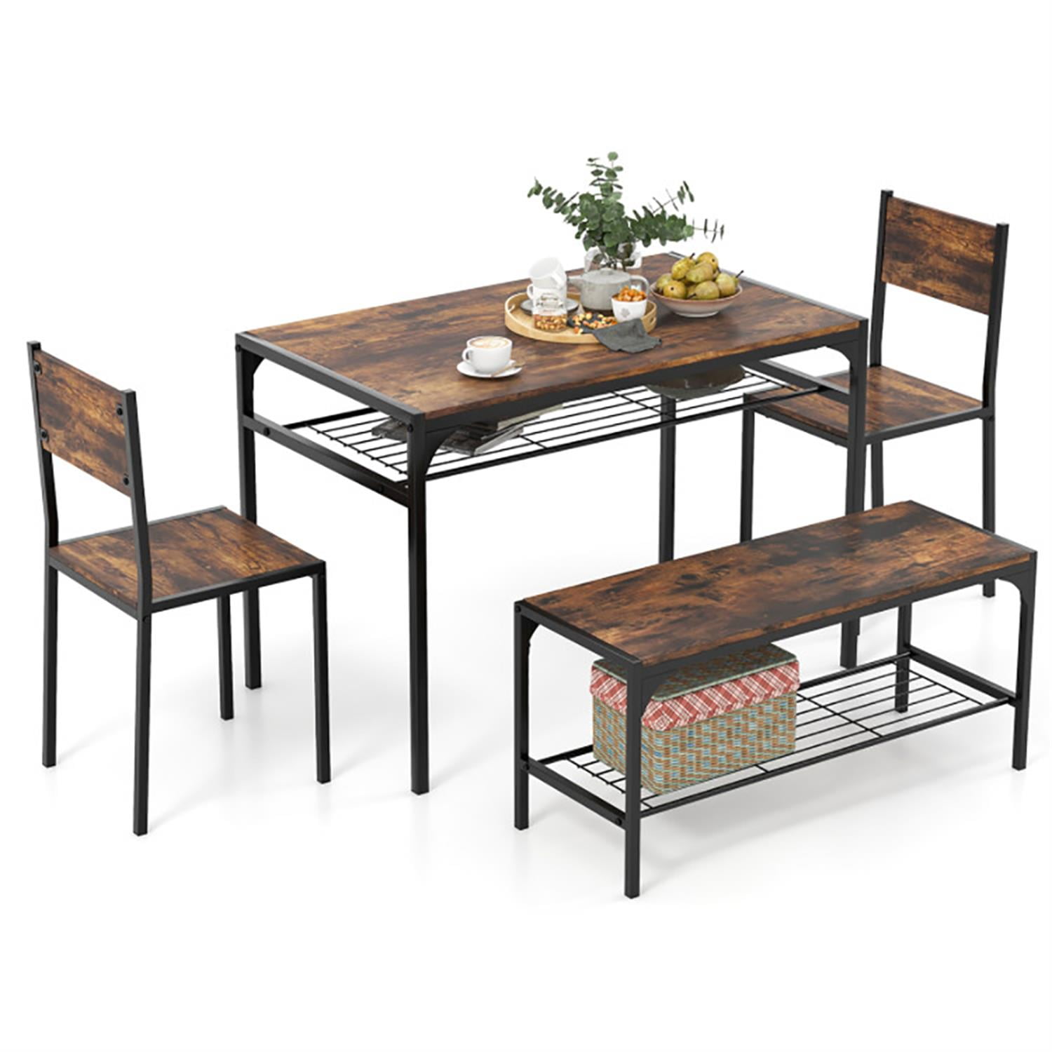 Demi Bonn 4-Piece Dining Table Set with Bench and 2 Chairs, 43"dustrial Kitchen Table with Metal Frame and Storage Rack, Perfect for Small Space, Brown