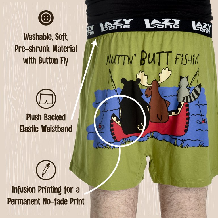 Lazy One Men's Underwear Olive & Black 'Nuttn' Butt Fishin' Boxers XL