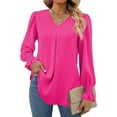 thumbnail image 3 of TKLPEHG Womens Blouse V-Neck Pleated Tunic Tops Long Sleeve T Shirt Fall Tops Solid Color Lightweight Comfy Loose Fashion Casual Pullover (Hot Pink,XXL), 3 of 7