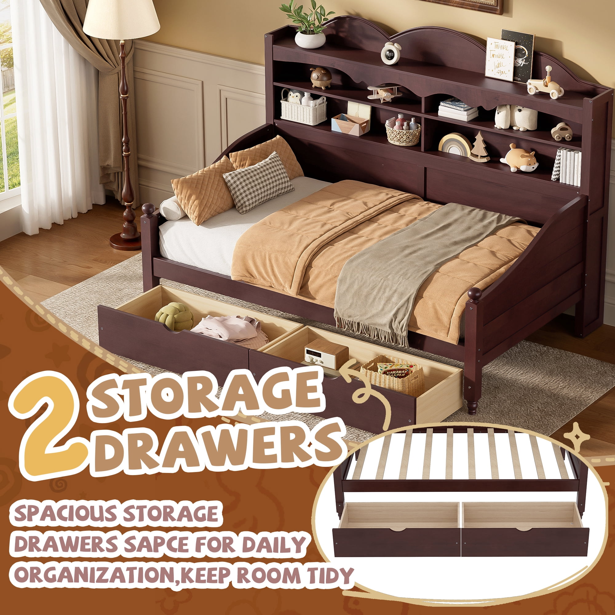 Euroco Wood Twin Size Daybed with Drawers, Captain Bed with Shelves, Espresso