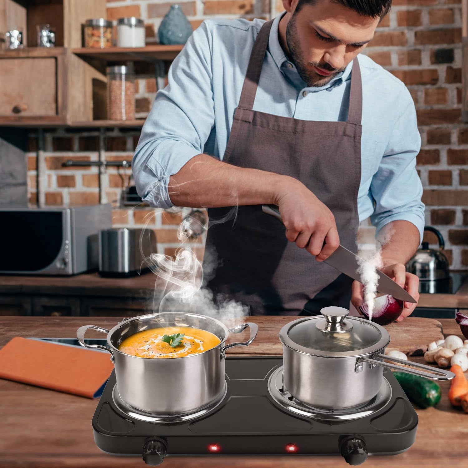 2000W Electric Double Burner Coil Stove-Portable Hot Plate Electric for Cooking, Countertop RV Hotplate with Non-Slip Rubber Feet and 5 Temperature Adjustments