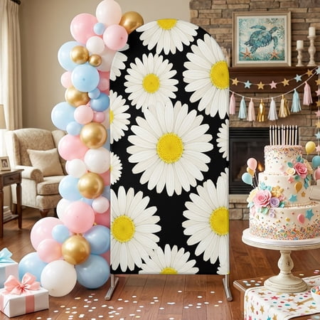 White Daisy Flower Arch Backdrop Covers 4 FT Black Background Abstract Vintage Floral Stretchy Fitted Arched Stand Covers Party Arch Stand Cover Photo Booth for Wedding Birthday Decor