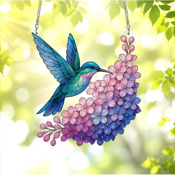 Purple Lilac & Hummingbird Acrylic Window Hanging Hummingbird Suncatcher Style Floral Gift, Mothers Day Present for Bird & Garden Lovers