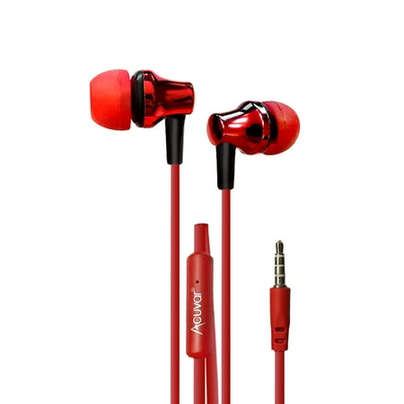 - Acuvar wired earbud Headphones with passive noise cancelling, in-line microphone and play/pause button (Red)