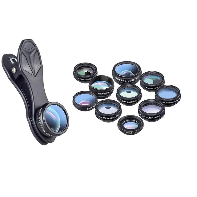 10 in 1 Phone Camera Lens Kit Wide Angle/Macro/Fisheyes/Telephoto/CPL/Flow/Radial/Star Filter/Kaleidoscope Lens
