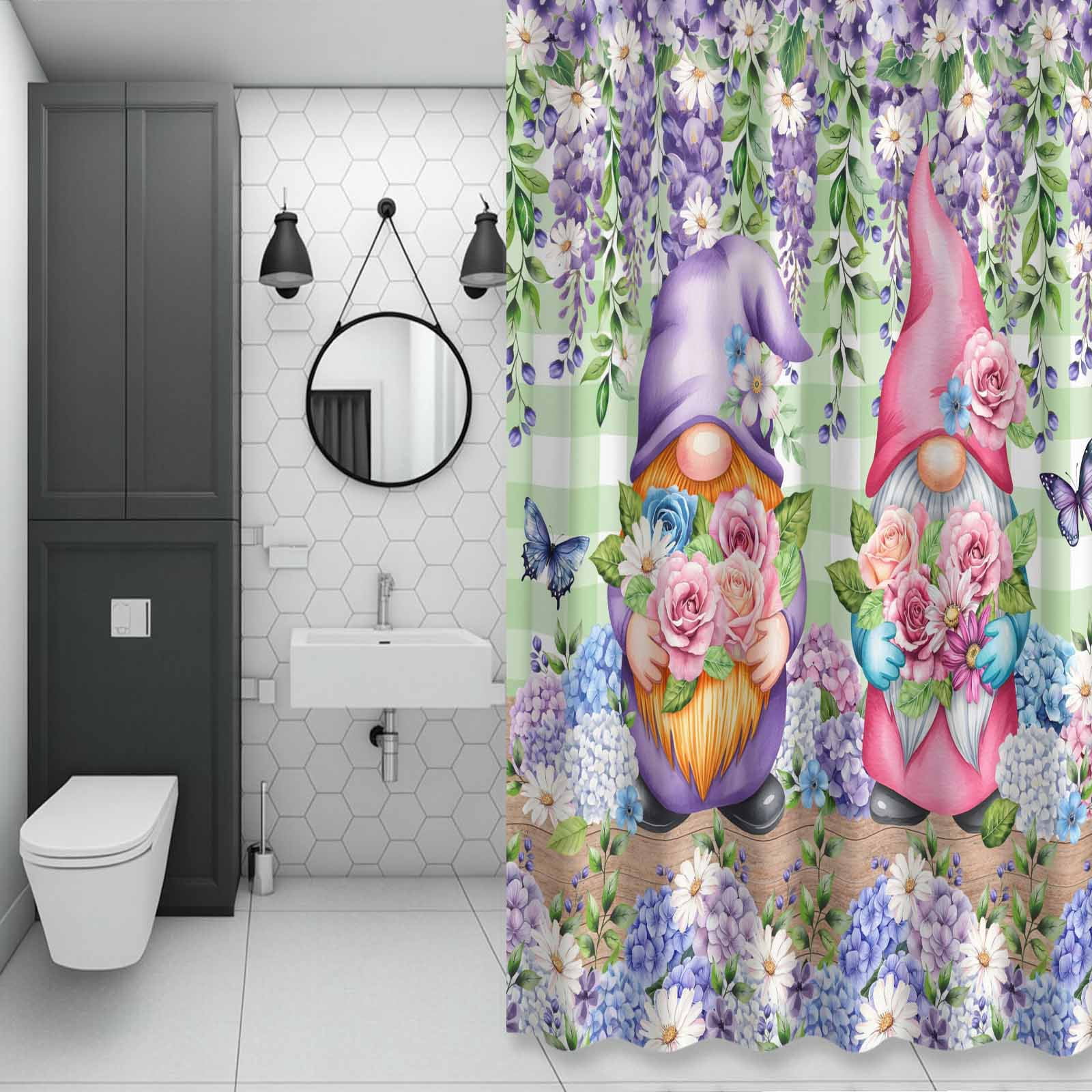 Spring Gnomes Shower Curtain for Bathroom, Watercolor Purple Blue White Floral Leaf Green Plaid Wood Grain Waterproof Cloth Fabric Bathroom Accessories Set with 12 Rust Proof Plastic Hooks, 72"x72"