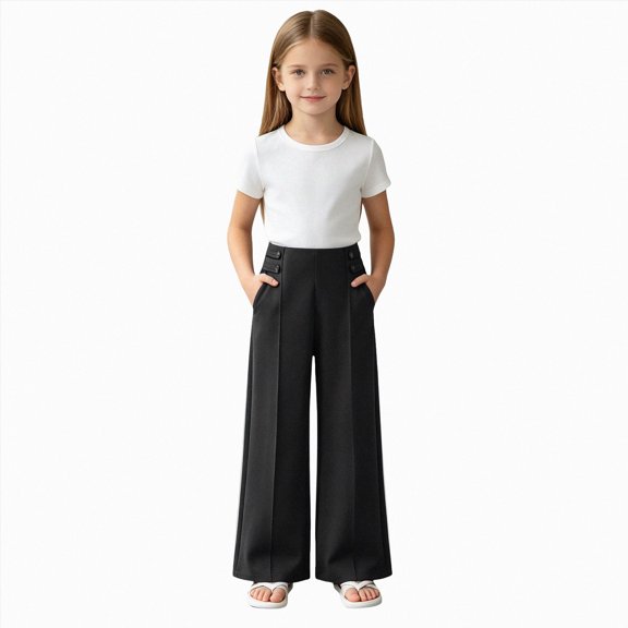 KPOPLK Girls High Waisted Uniform Pants Kids Wide Leg Dress Pants Casual Trousers with Pockets 3-14 Years Black Size 8-9 Years