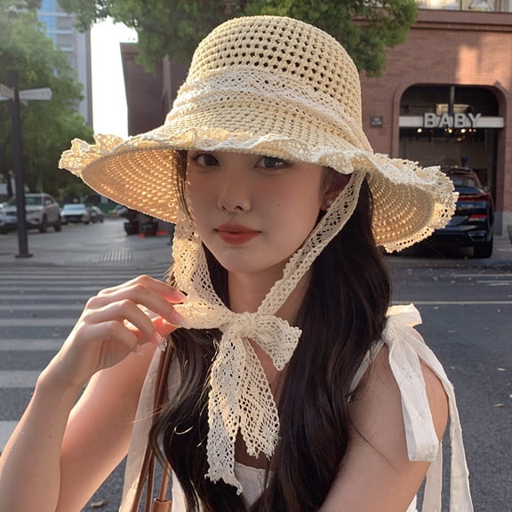 SikaFu Grass Woven Breathable Lace Tied Fisherman Hat, Versatile For Women In Summer, Outdoor Beach Straw Hat, Large Brim Sun Hat