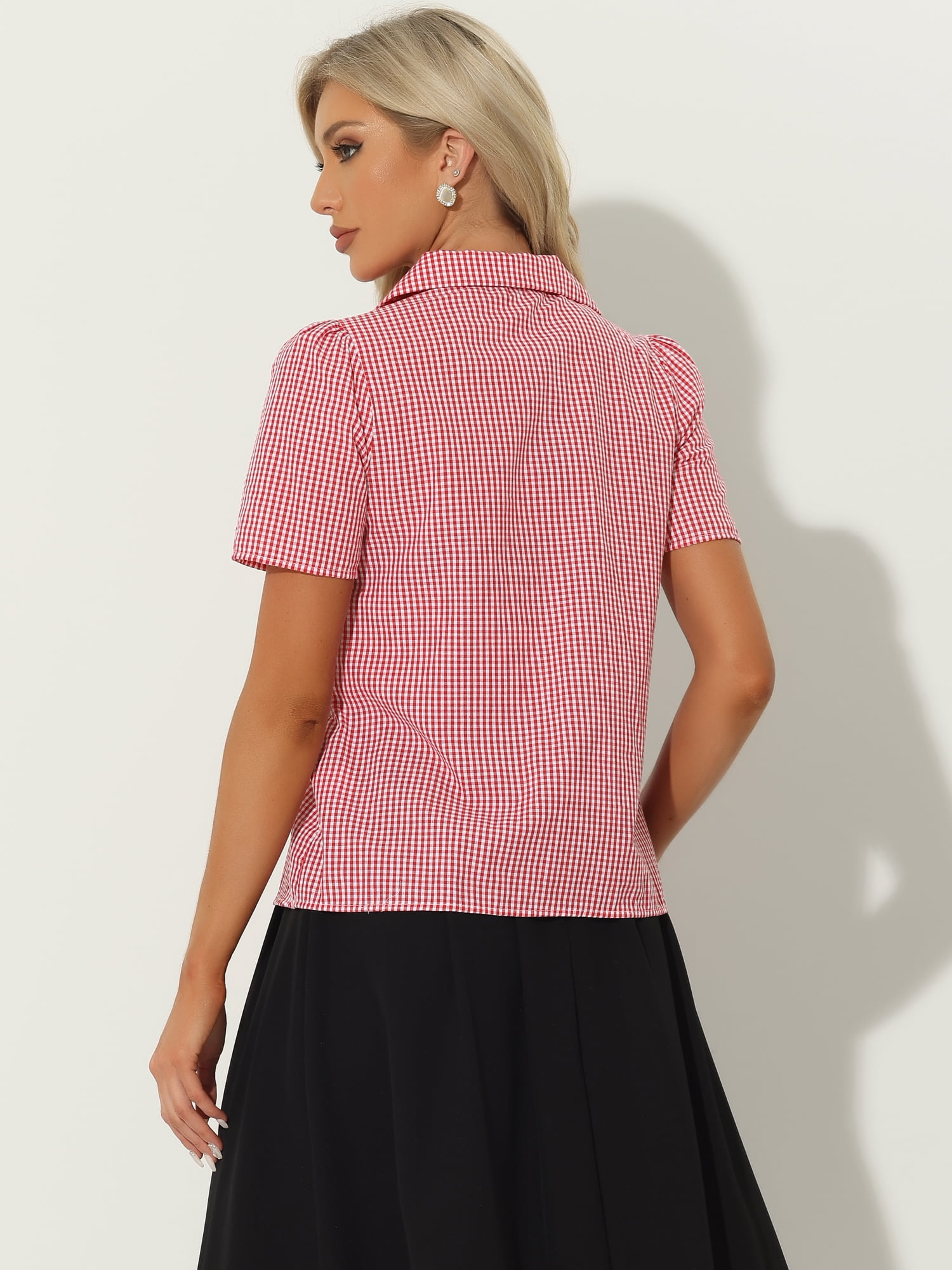 Unique Bargains Women's Plaid Shirt Puff Sleeves Vintage Summer Gingham Blouse L Red