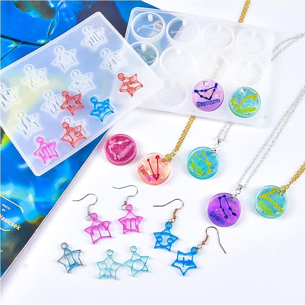 36pcs Twelve Zodiac Signs Silicone Molds Constellation Pendants Resin Casting Mold Kit of Three Styles with Sequins and Tools DIY