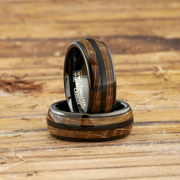 Metal Masters Mens Gunmetal Black Tungsten Engagement Ring Whiskey Barrel Grain Wood Inlay Wedding Band 8mm