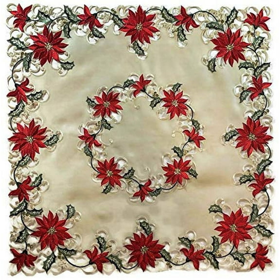Doily Boutique Christmas Tablecloth or Table Topper Square Embroidered with Red Poinsettias, 34 inches
