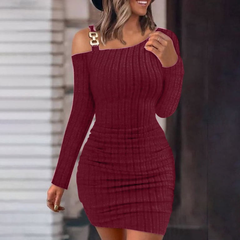 Odeerbi Solid Color Dress for Women 2025 Sexy Solid Long Sleeve Metal  Buckle Buttocks Slimming Dresses Burgundy - Walmart.com