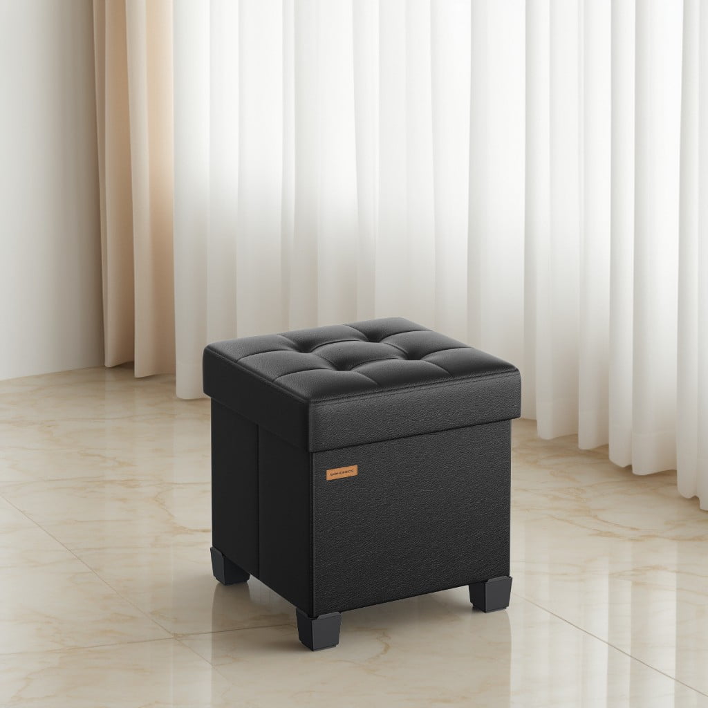 LEDREM 15-Inch Cube Storage Ottoman, 660 lb Capacity Foldable Footrest with 10 Gallon Storage, Synthetic Leather, Ink Black