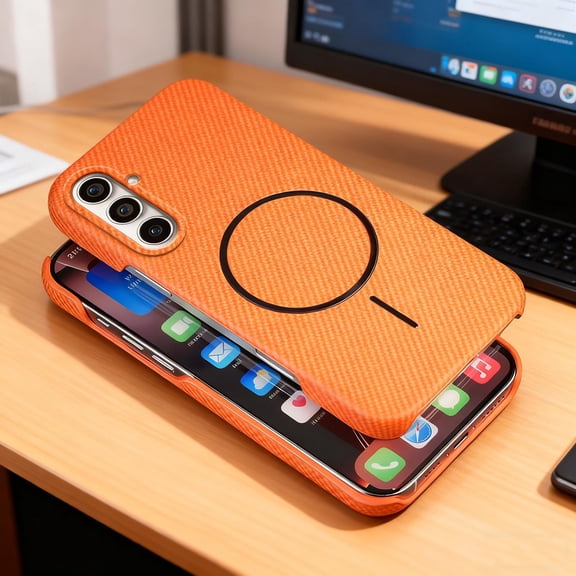 Carbon Fiber Texture Magnetic Case for Samsung Galaxy S24, Compatible with Mag-Safe, Raised Camera and Screen Protection, Slim Lightweight Rugged Shockproof Cover for Samsung Galaxy S24, Orange