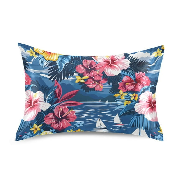 Satin Pillow Case Standard Silk Pillow Cover for Hair and Skin Envelope Closure Sea and Tropical Flower 20"x26"
