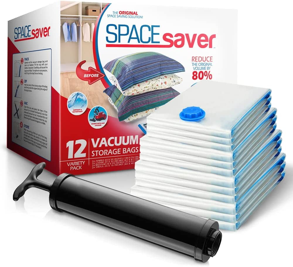 Vacuum Storage Bags 6 Pack Compressed Reusable space savers Bags with Double Zip & free Hand Pump for Home and travel,Vacuum bags Save 80% More Storage Space for You 2 Jumbo + 2 Large + 2 Medium 