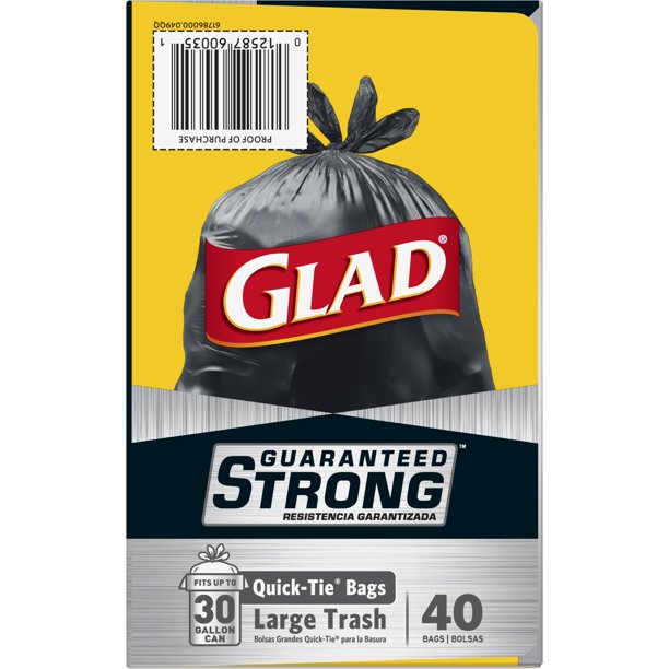 Glad Quick Tie Extra Strong Large Trash Bags, 30 Gallon, 40 Bags