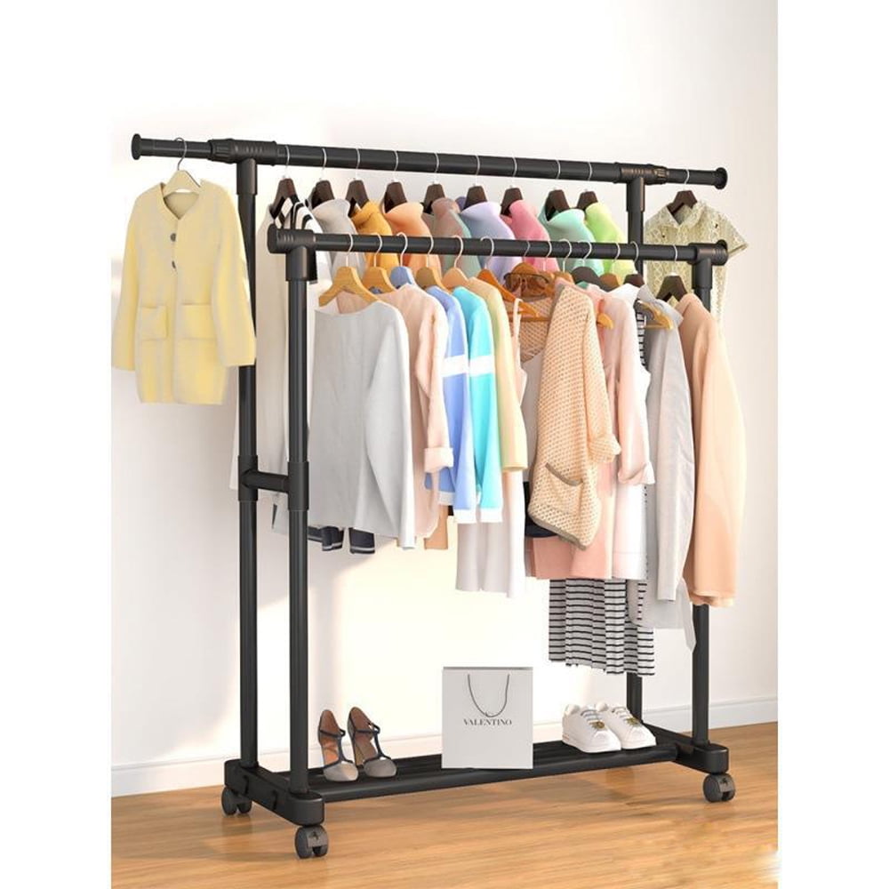 IOCOCEE Clothes Racks,Portable Clothes Rack,Double Rod Portabe Clothing  with Wheels,Metal Clothing Racks or Hanging Racks,Black 