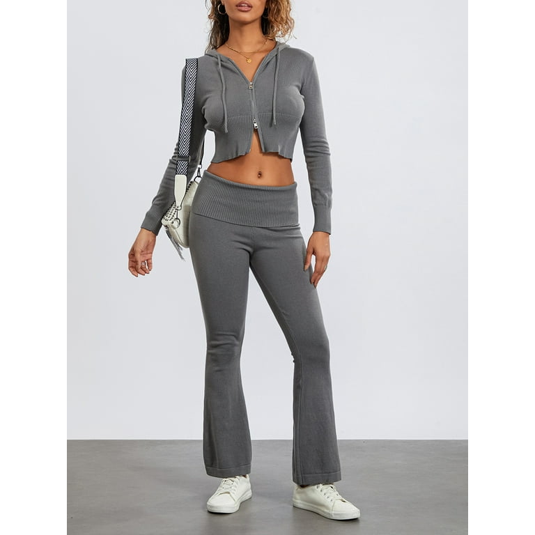 Crop Top Flare Out Leggings Women Knit Two Piece Set Long Sleeve