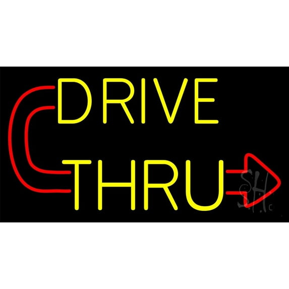 Red Drive Thru With Curved Arrow LED Neon Sign 13 x 24 - inches, Clear Edge Cut Acrylic Backing, with Dimmer - Bright and Premium built indoor LED Neon Sign for restaurant window and interior decor.