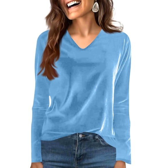 Cowl Neck Tops for Women Trendy Draped Long Sleeve Velvet Top Elegant Fall Winter Tunic Shirt Casual Dressy Blouses, Light Blue Fashionable top