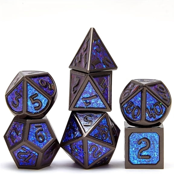 The DND Metal Polyhedral Dice Set, a 7-piece set, is perfect for Dungeons and Dragons role-playing board games and makes a wonderful holiday party gift and decoration.