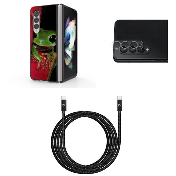 Accessory Bundle for Galaxy Z Fold 4: Slim Snap-On Case (Green Frog), Rear Camera Glass Protector, Nylon Braided USB-C to USB-C Cable (4 Feet)