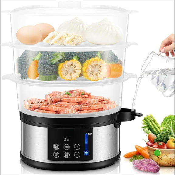 Food Steamer for Cooking, Vegetable Steamer with Stackable 3 Tiers Baskets,Electric Steamer Pot 60-Minute Timer, 24H Delay Start Timer for Veggies Seafood Rice