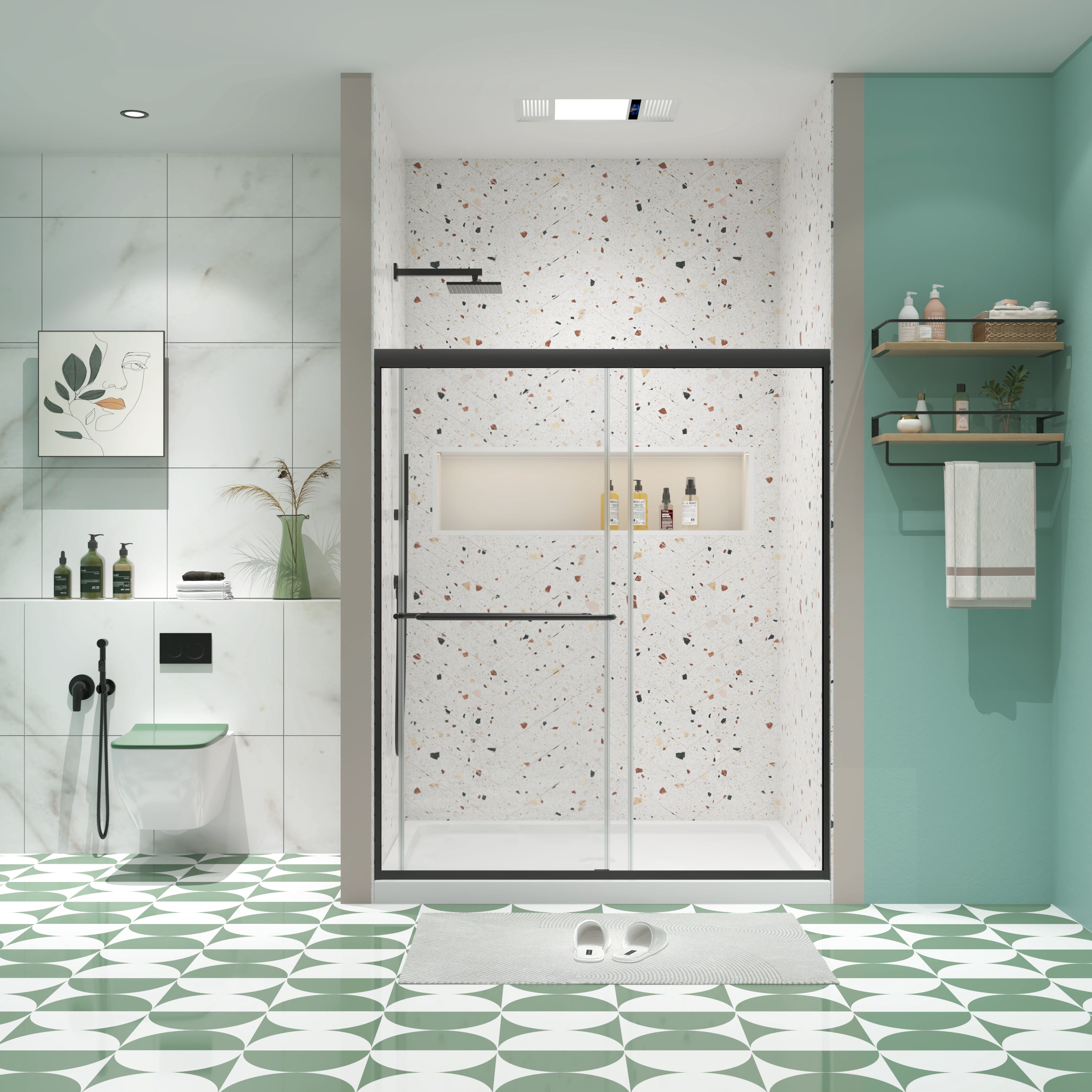 MAYEERTY 50-54"W x 70"H Double Sliding Shower Bypass Door, Tempered Glass & Stainless Steel Handle, Matte Black