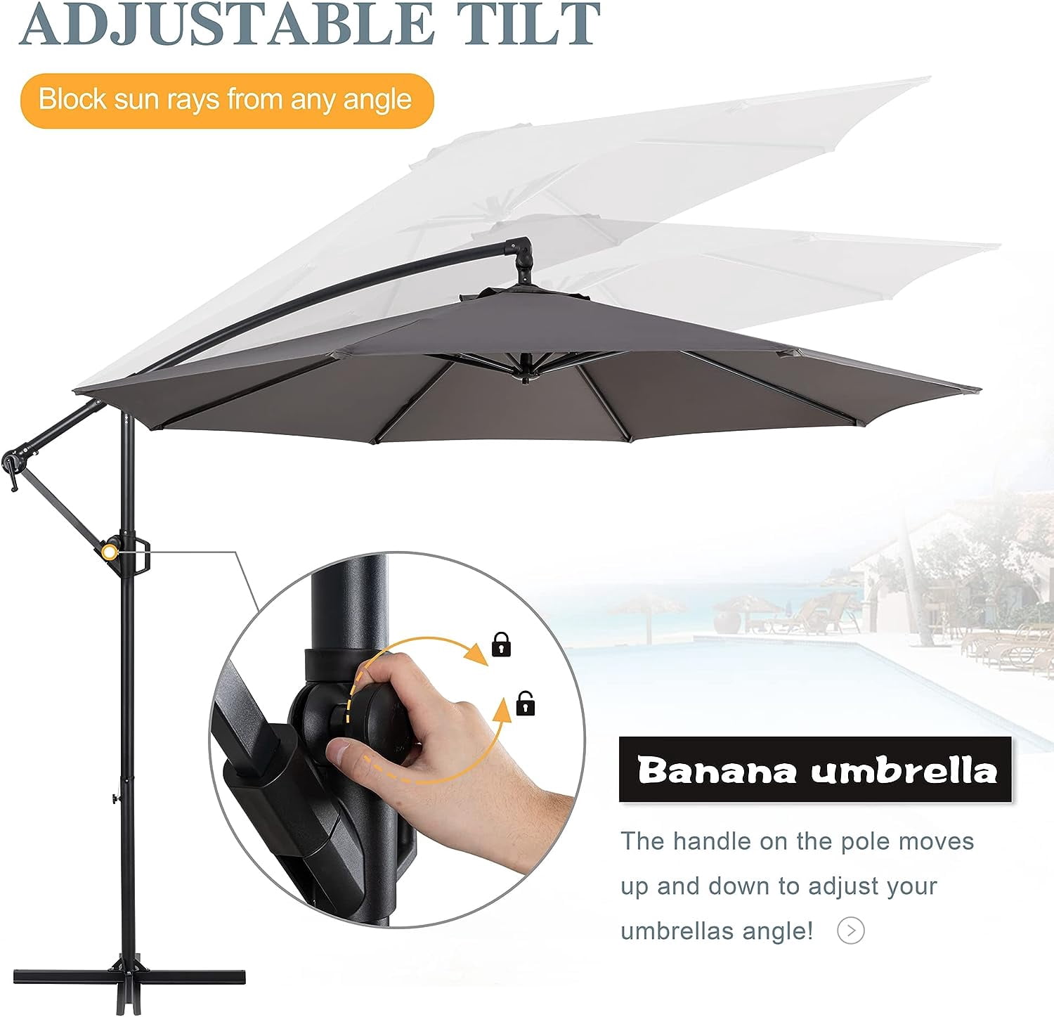 Sobaniilo Patio Offset Umbrella, Hanging Market Outdoor Umbrella, Patio Sun Shade with Easy Tilt Adjustment, Dark Grey