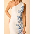 thumbnail image 6 of Blue And White Womens Boho Tropical Seahorse Coral Shell Print One-Shoulder Ruched Maxi Vacation Dress, 6 of 7