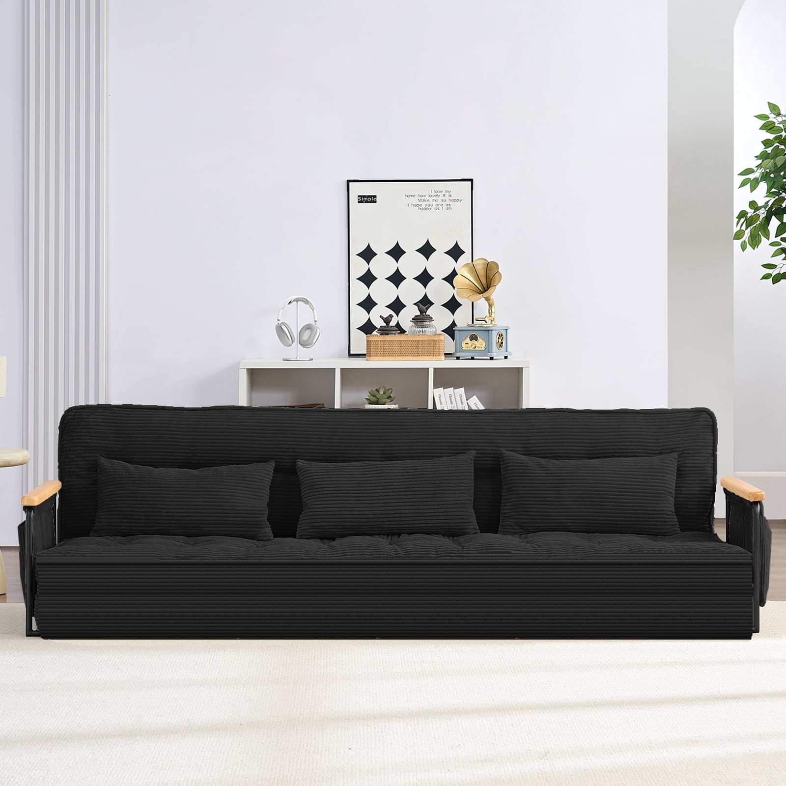 BALUS Futon Sofa Bed, 4-in-1 Corduroy Floor Couch Bed with Folding Mattress, Convertible Sleeper Sofa for Living Room, Black