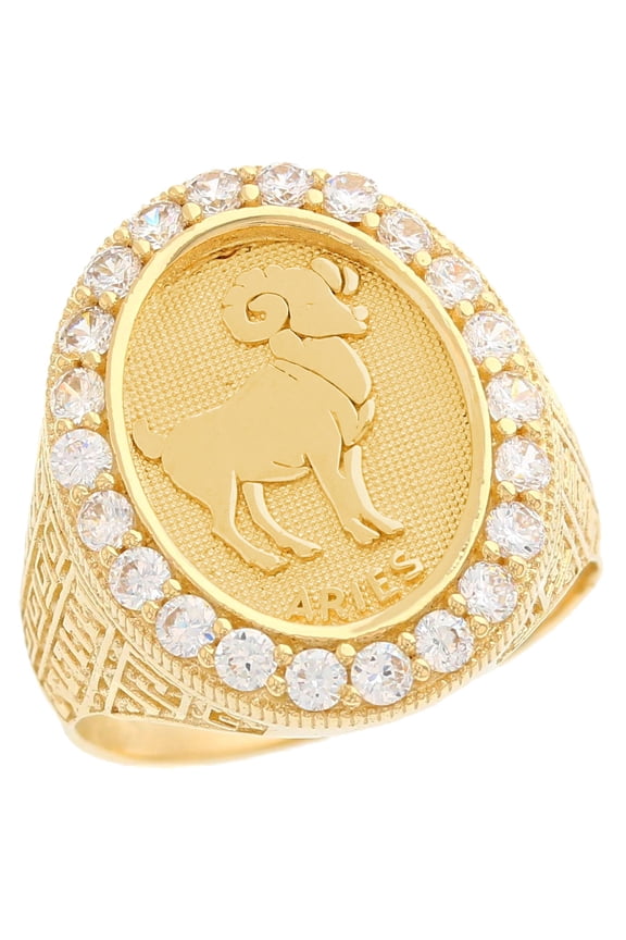 10k Yellow Gold Zodiac Aries Oval Halo White CZ Men's Heavy Ring