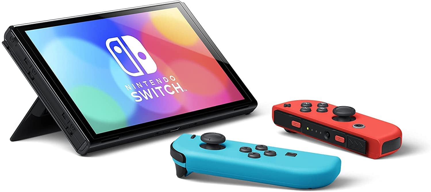 Nintendo Switch OLED with Neon Blue and Neon Red Joy-Cons (International Edition) Bundle with The Legend of Zelda: Breath of the Wild