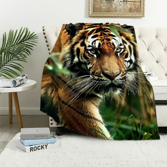 Autua Tiger Forest Wildlife Theme Warm Lightweight Blanket Soft Fleece Blankets Throw Blanket for Living Rooms Sofa Decor Cow Gifts All Seasons Flannel Material Blanket 40x50in