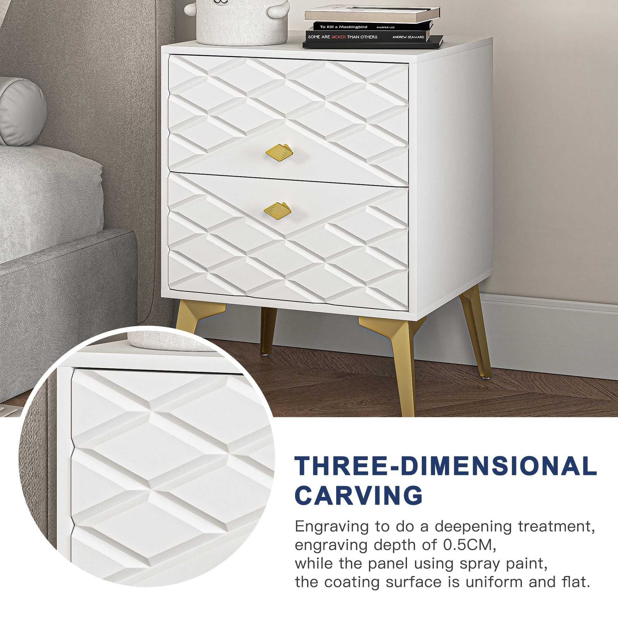 Finihen Carved Nightstand Set of 2, End Table with 2 Drawers, Dual Night Stand with Metal Legs, 21" Tall for Bedroom Living Room, White Finihen Carved Nightstand Set of 2, End Table with 2 Drawers, Dual Night Stand with Metal Legs, 21" Tall for Bedroom Living Room, White