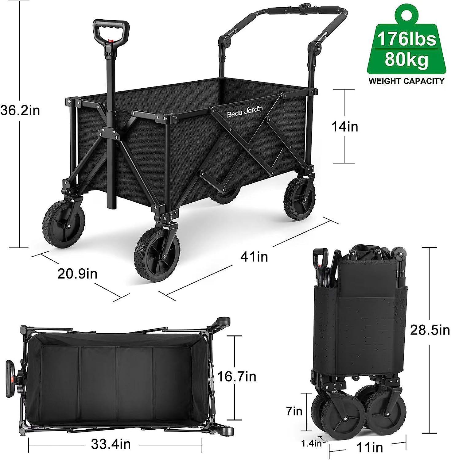 BEAU JARDIN Foldable All Terrain Beach Cart with 360° Wheels, Heavy ...