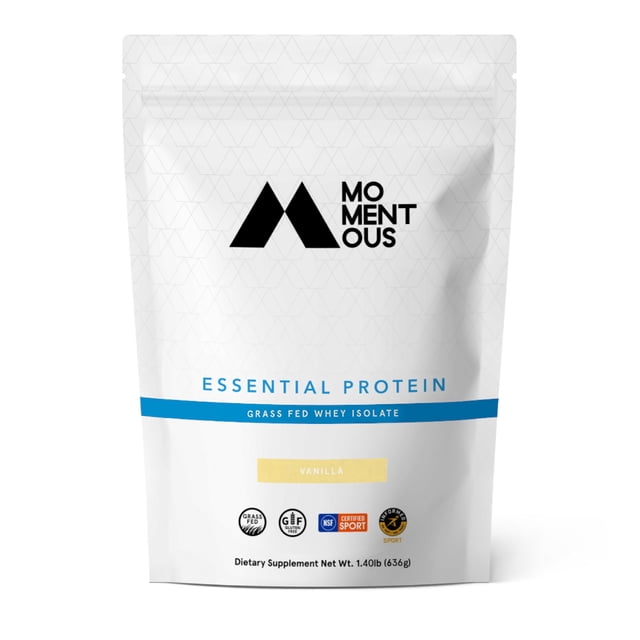 Momentous Essential Grass-Fed Whey Protein Powder - 20g Whey Isolate Protein - NSF Certified, Gluten-Free, 24 Servings for Essential Everyday Use, Vanilla (Package May Vary)