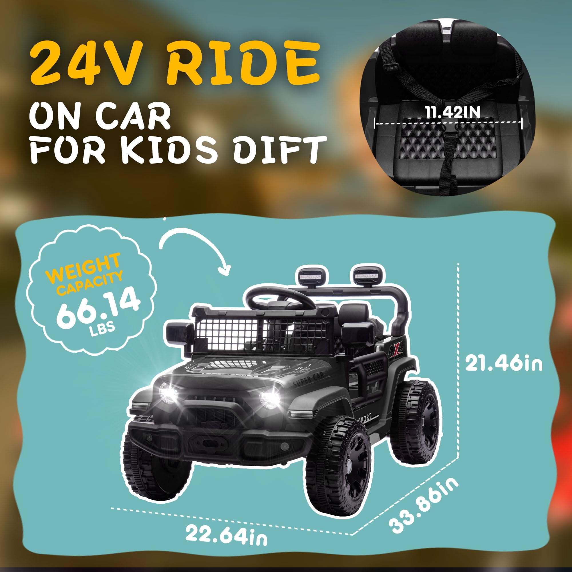 HTW24V Kids Ride On Truck with Parental Remote Control – Electric Off-Road Car for Boys & Girls, 4-Wheel Suspension, Bluetooth Music, LED Lights, Power Display, Ages 3+ (Black)​