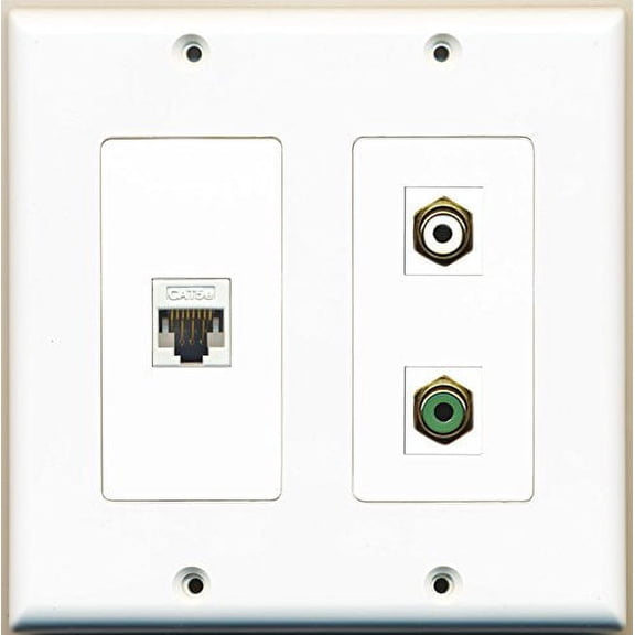 RiteAV - 1 Port RCA White 1 Port RCA Green 1 Port Cat5e Ethernet White - 2 Gang Wall Plate
