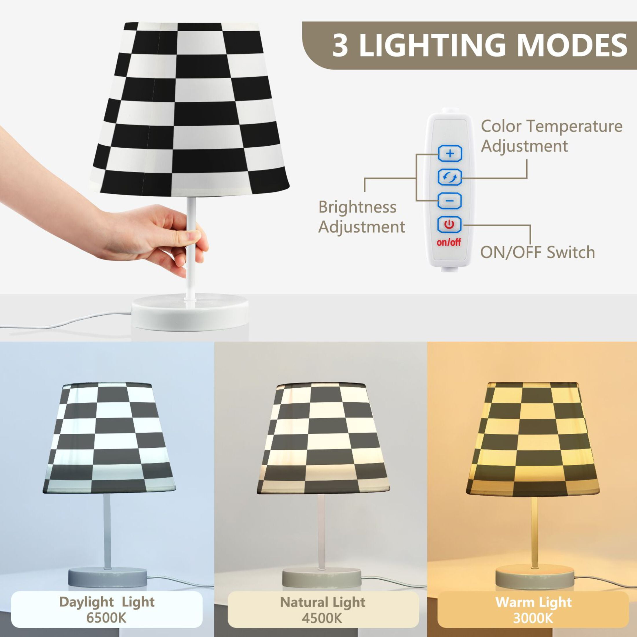 Ryvnso LED Bedside Table Lamp White and Black Checkered Grid Art Pattern Bedroom Desk Lamps Nightstand Lampshade M